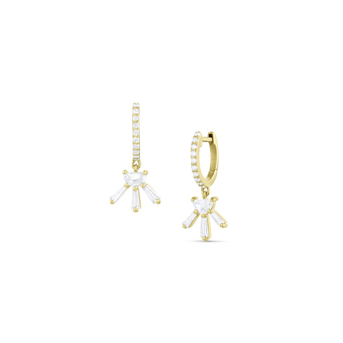 limited edition diamond half moon with starburst earrings on diamond huggie hoop, in 18k yellow gold <span class='visuallyhidden'>Text, phone 323-404-2959 for shopping help.</span>